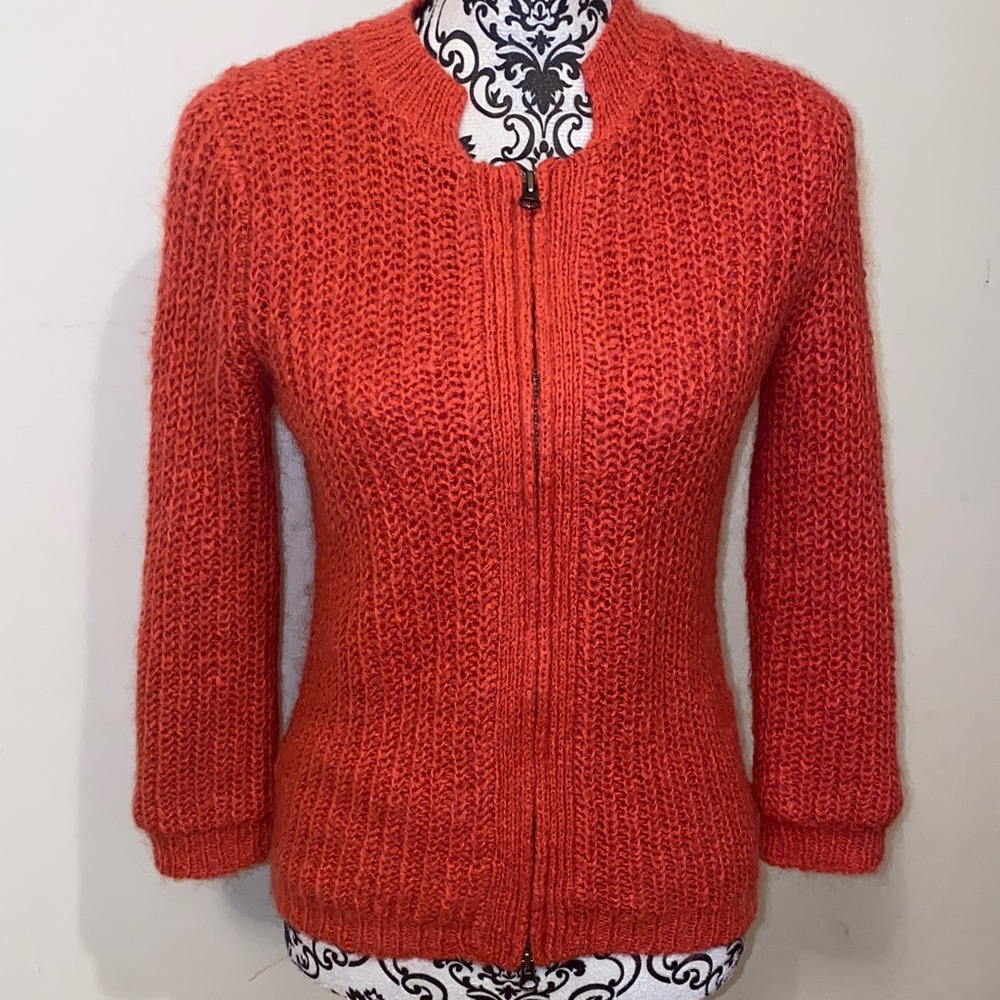 CAbi Coral Pink Soft Mohair Wool Full Zip-Front Knit Cardigan Lined Size XS #620